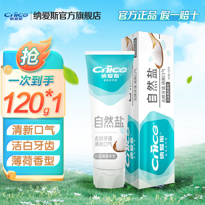 纳爱斯纳爱斯牙膏盐白鲜果冰菊 口气清新护龈固齿劲爽薄荷多效家庭牙膏 【单只装】120g*1支自然盐白