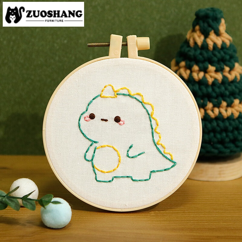 刺绣diy材料包初学者幼儿园简单自绣卡通图案戳戳乐 小恐龙【绣绷】