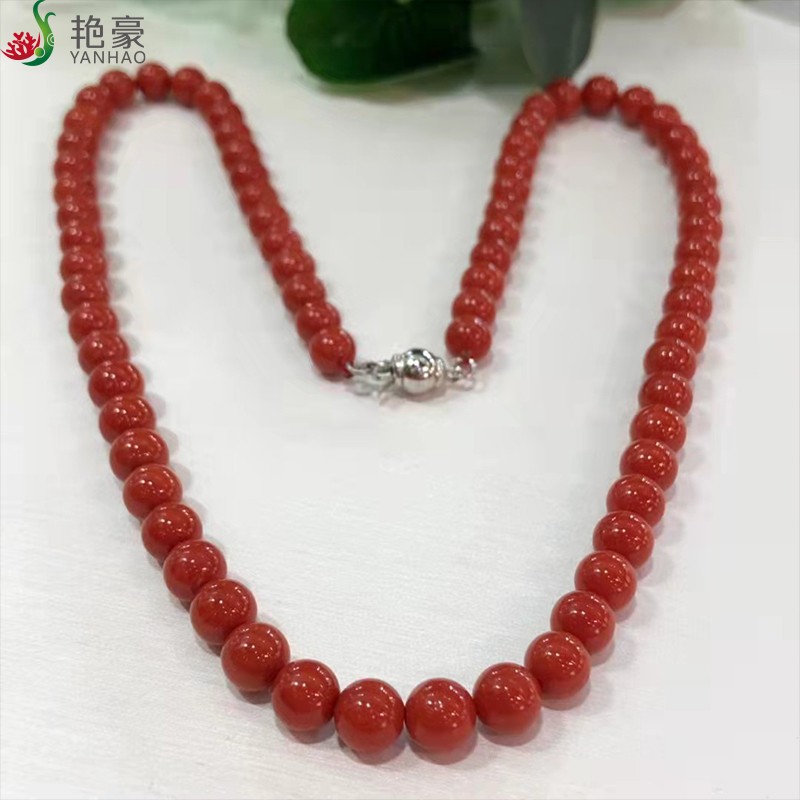 艳豪【附证书】珊瑚项链珊瑚圆珠项链6MM豪华项链送给妈妈生日礼物