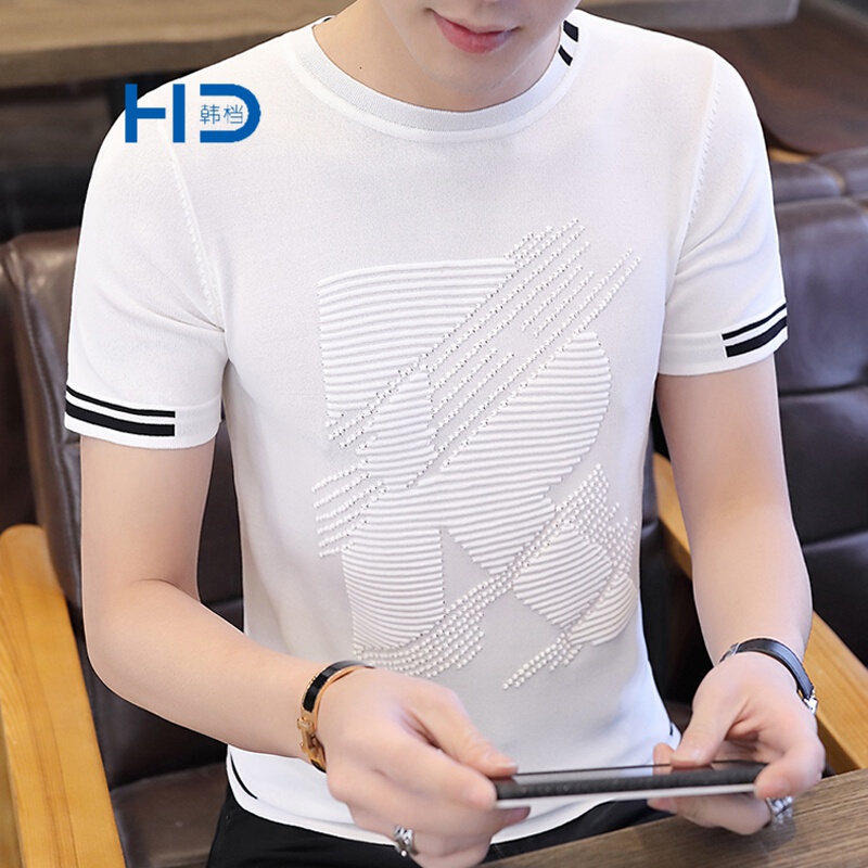 韩档  短袖T恤男青年潮流冰丝男装2021新款夏季修身圆领t恤短袖上衣服 19330白色 XL