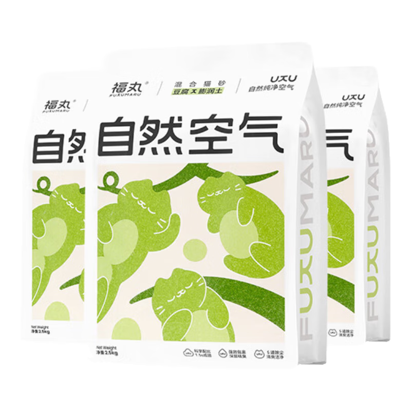 福丸自然空氣 原味豆腐貓砂混合膨潤土砂 除臭低塵省砂不易粘底 原味混合砂2.5kg*3
