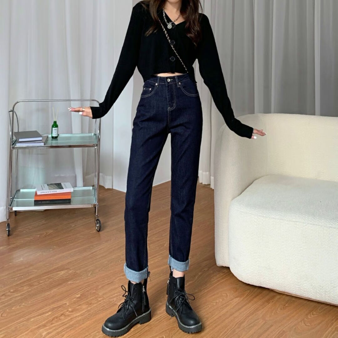 索涉(suoshe)配马丁鞋靴的裤子加绒冬款厚裤深蓝色弹力直筒牛仔裤女
