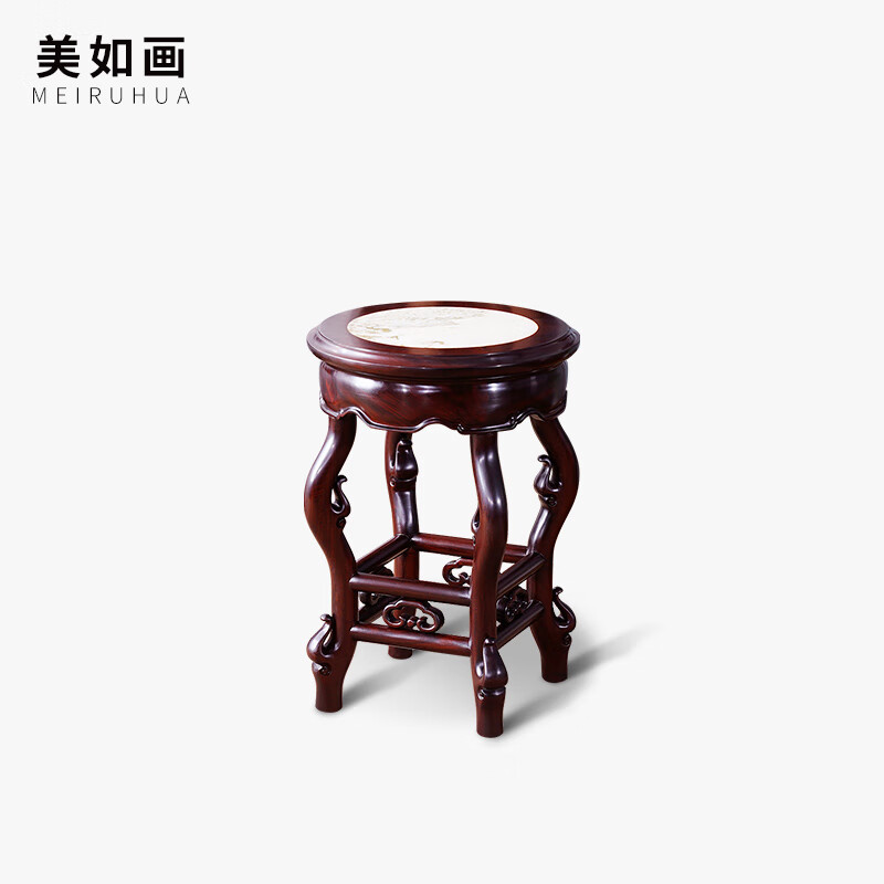 美如画非国标红木东非酸枝(学名:古夷苏木)广式家具 大理石圆凳古典