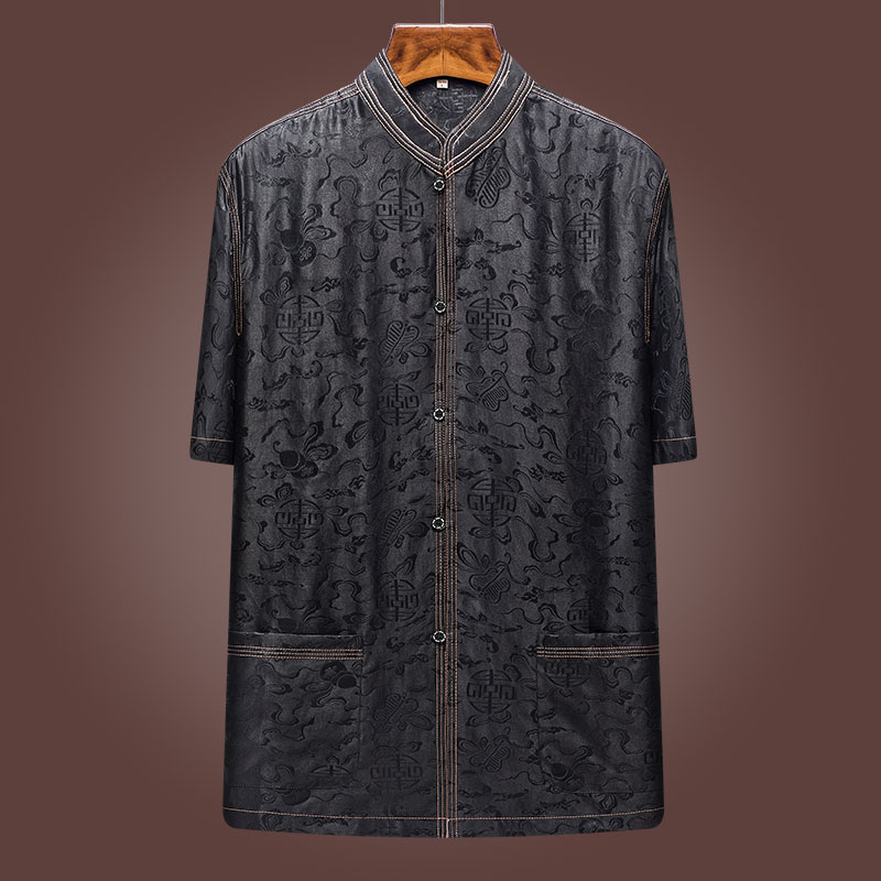 男装夏季短袖衬衫真丝桑蚕丝上衣丝绸礼服中式复古中老年人衣服中国风