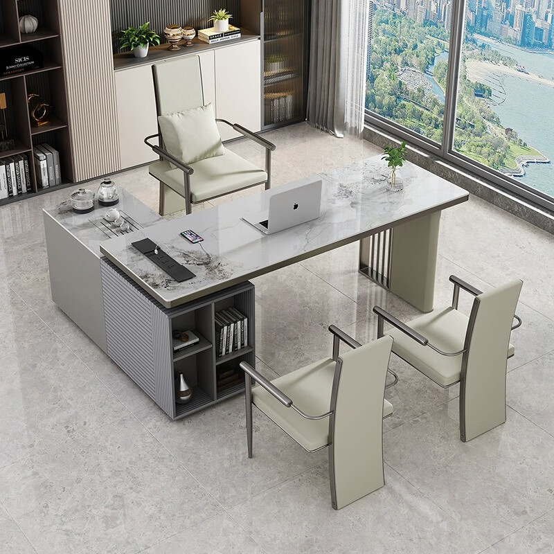 尊兰卡现代简约岩板办公桌茶桌一体两用轻奢电脑桌书桌转角老板桌泡茶台 办公茶桌+1主椅+2客椅 1.8米
