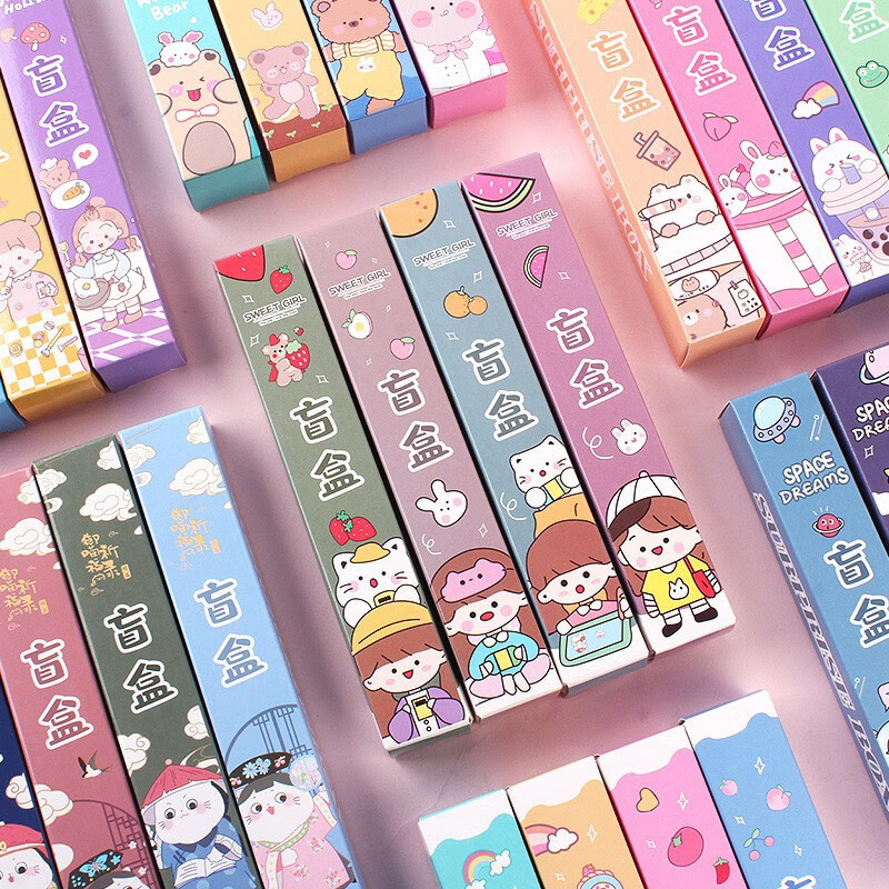 网红文具盲盒中性笔卡通diy贴纸幸运礼盒学生用奖品盒子4件套 盲盒笔