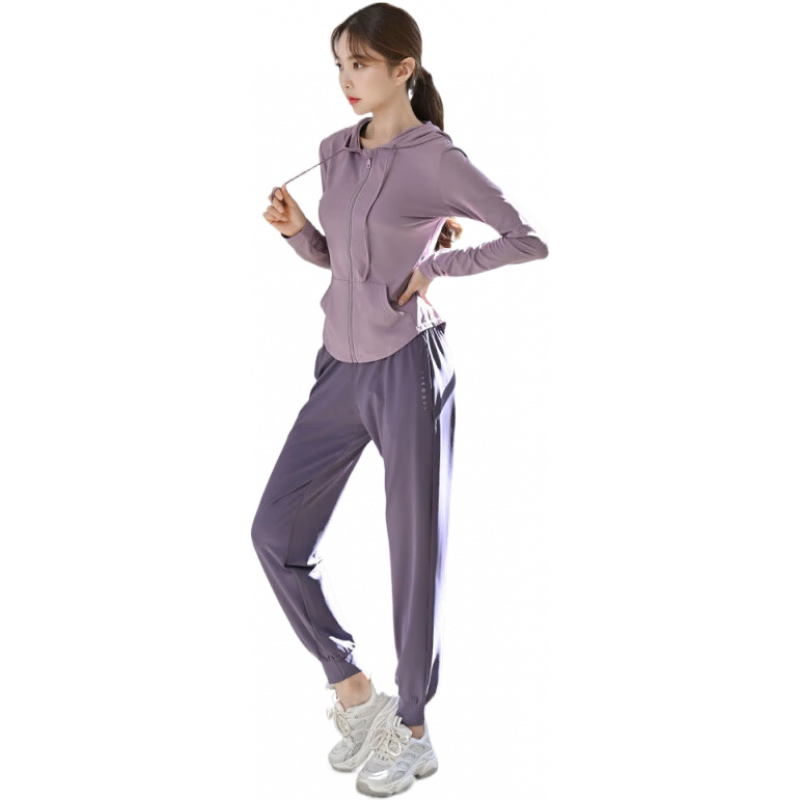 朵梵蓮（Duofanlian）晨跑步運動套裝春夏季戶外健身房瑜伽服女套裝速干衣寬松健身服女 21紫色外套+紫色短/袖+紫色長 2XL 130-145斤