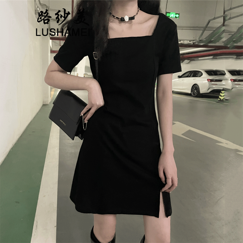 路纱美短袖小黑裙女夏季2021年新款法式复古赫本风方领小个子气质修身连衣裙337# 图片色 均码