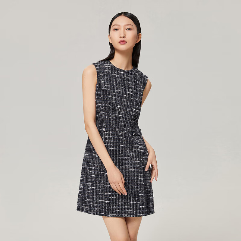 OVV【经典粗花呢】OVV秋冬热卖女装意大利进口粗花呢花纱连衣裙 黑色花纹A2 M