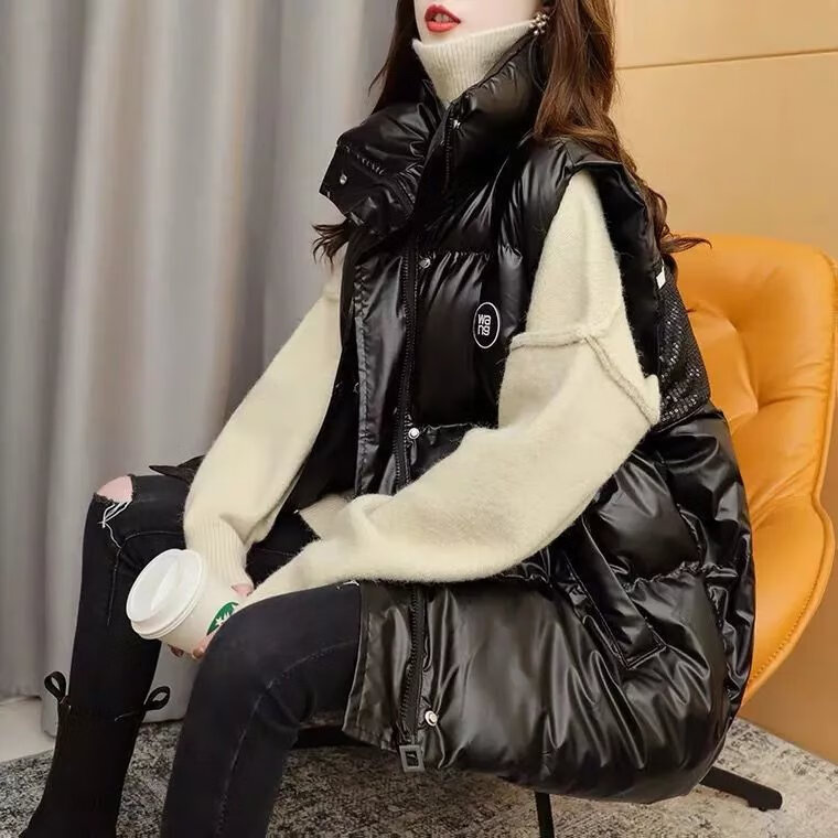 恺吉锐亮皮免洗马甲女洋气秋冬百搭时尚棉马夹女背心外穿 黑色 m 90