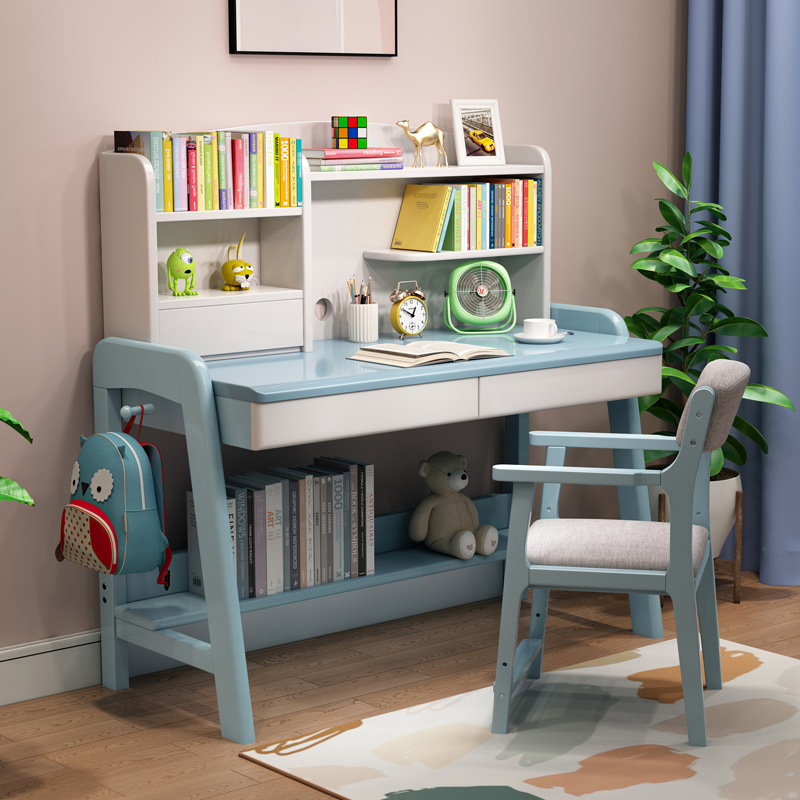 禾友（HEYOU） 学生实木书桌书架组合写字桌家用小孩学习课桌办公台式电脑桌 蓝白色 0.8米单抽书桌