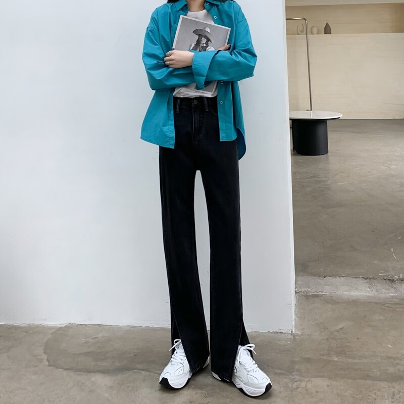 新品 微喇牛仔裤女生时尚辣八裤高腰显瘦喇叭库开叉女春款女装新款
