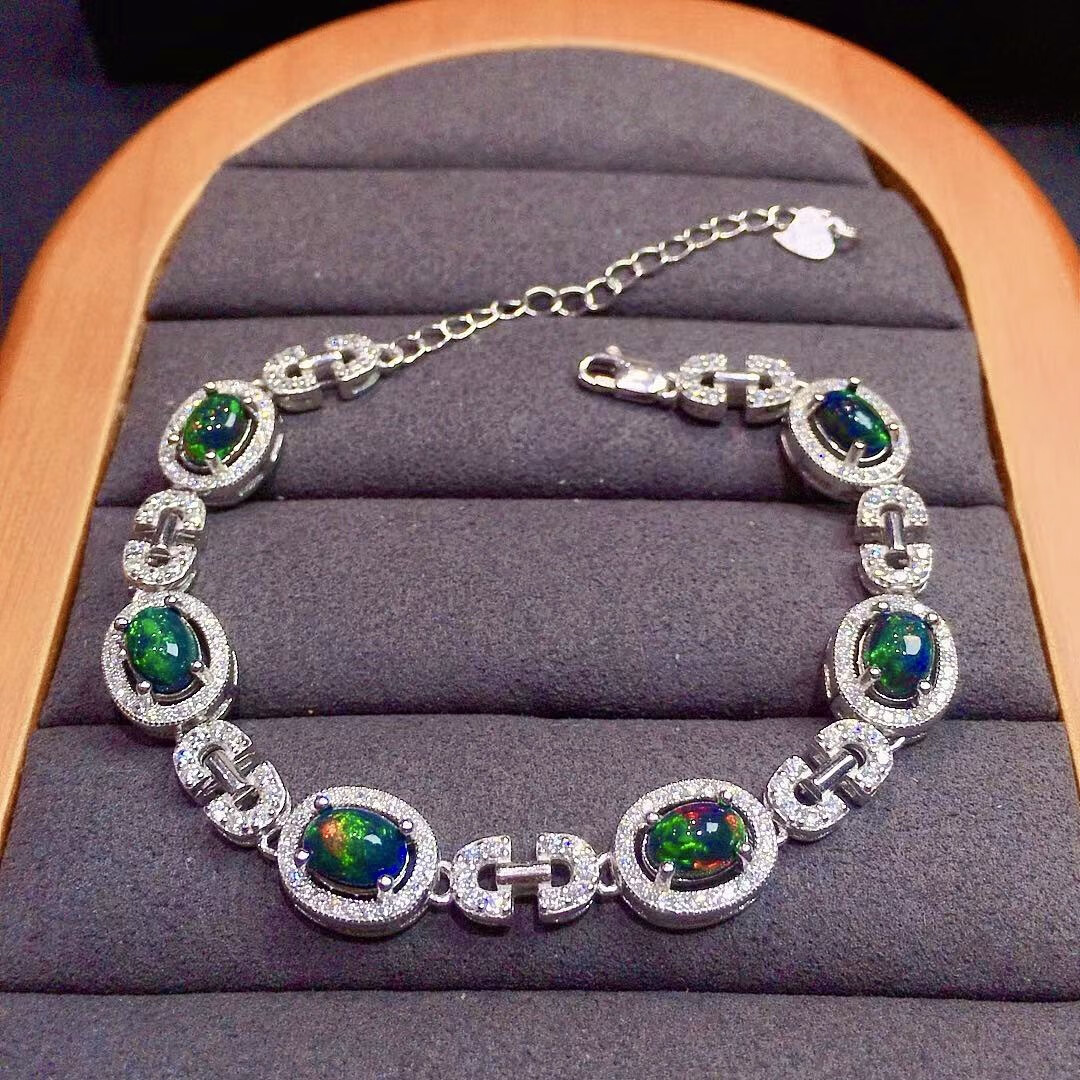 深邃神秘炫彩百搭时尚手链925银镶嵌女生日礼物 白金色镶嵌黑欧泊手链