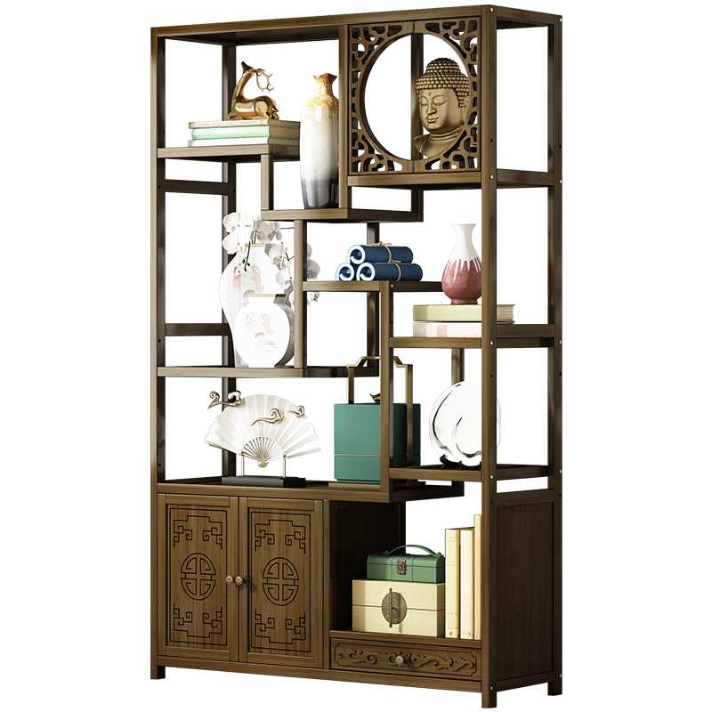 竹艺佳(ZHUYIJIA)楠竹置物柜玄关角柜杂物架书架复古博古架落地多层置物架储物架客厅收纳架实木 100-右窗款