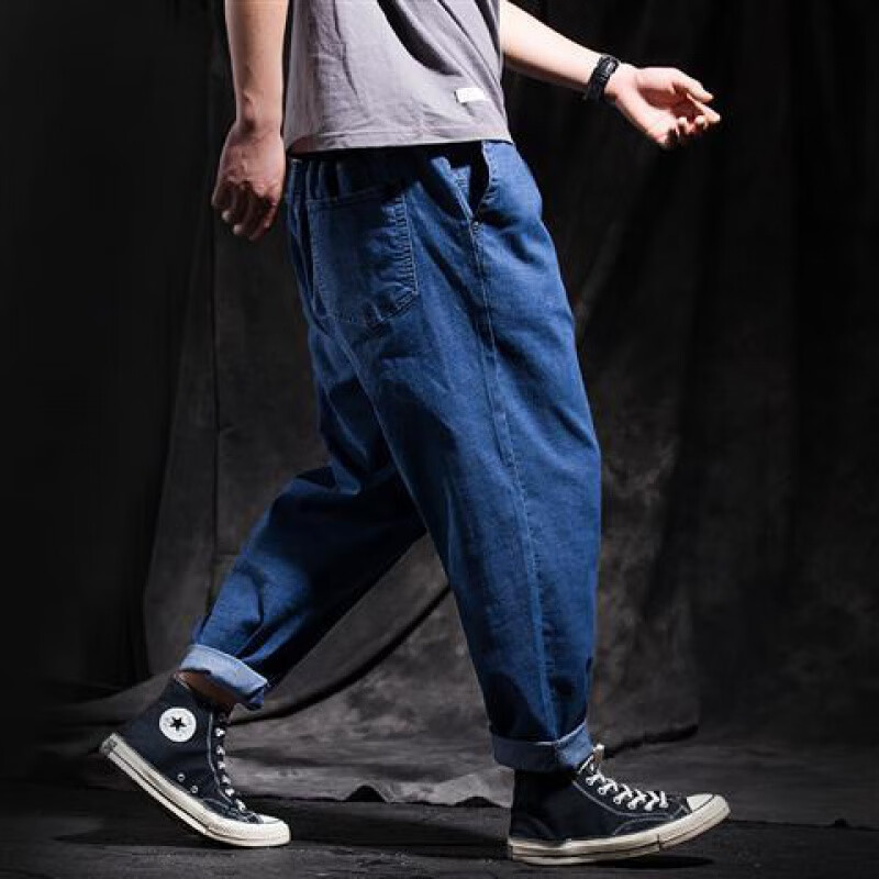 pzhk宽松九分牛仔裤男哈伦大裆加肥加大胖子粗腿灯笼裤子 蓝色(现货)