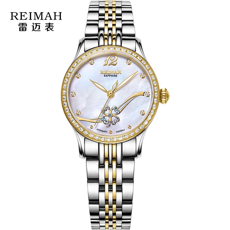 雷迈表(reimah) 手表驰女神系列时尚自动机械女士腕表钢带四叶草红面