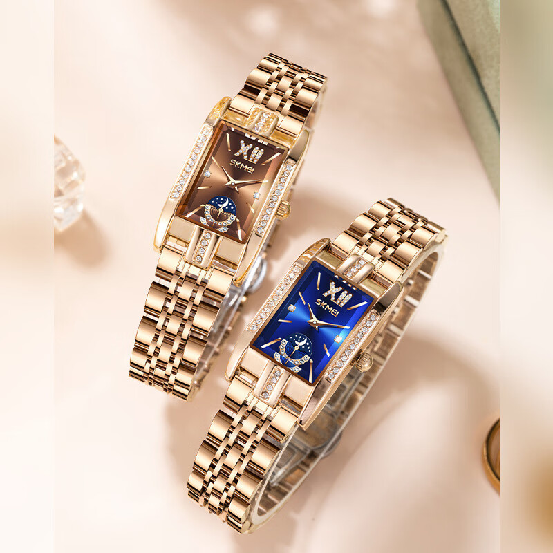 时刻美方形女士钢带气质时尚百搭手表镶钻防水腕表实心钢带蝴蝶扣7092 玫金壳棕面