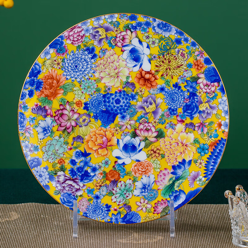 瑾瀚瓷轩景德镇中式瓷盘圆形平盘斗彩·万花争艳8英寸