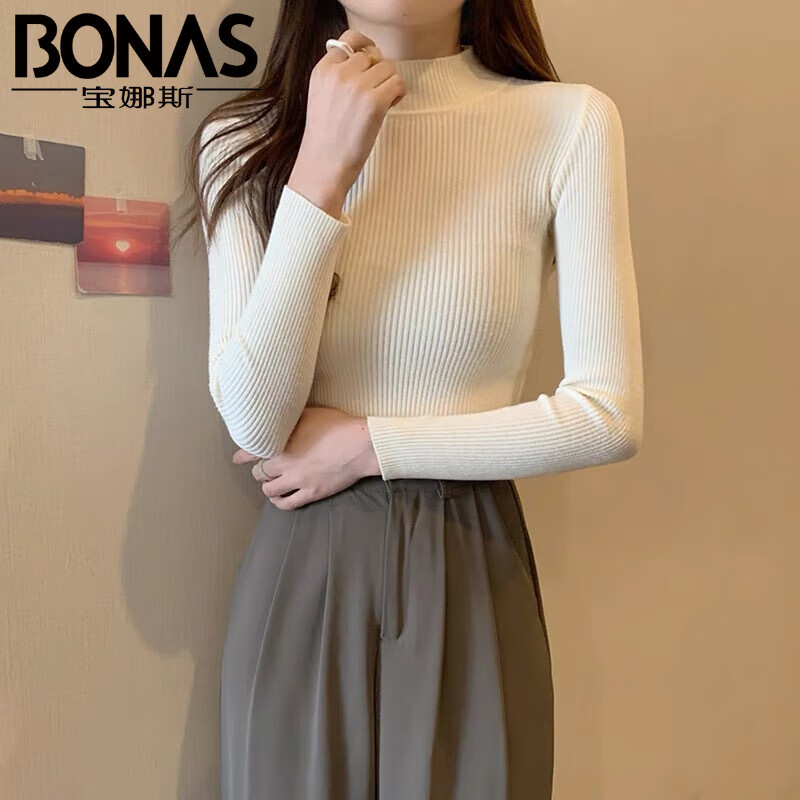 宝娜斯（BONAS）半高领长袖毛衣女基础内搭打底衫春秋冬韩版修身针织衫女上衣 半高领杏色 均码 (80-140斤)