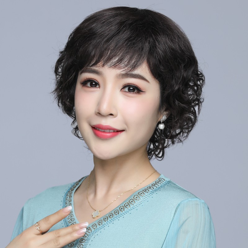 美蝶假发妈妈短发真发真人发丝卷发套中老年时尚造型老人圆脸全头套式