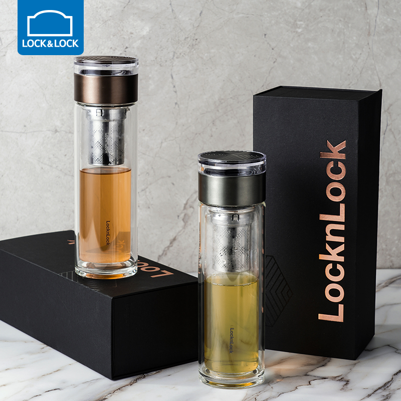 乐扣乐扣（LOCK&LOCK）商务玻璃杯 耐高温玻璃分离式滤网密封防漏双层茶水分离水杯 LLG599BRW-茶仓双层杯420ml