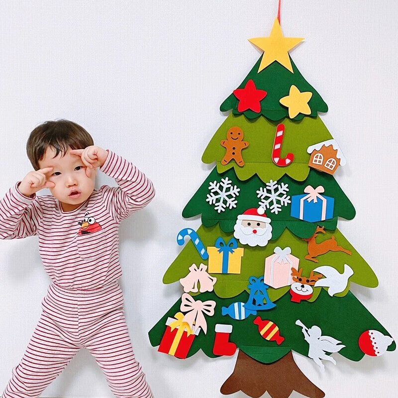 彩虹房子圣诞老人积木儿童益智创意小颗粒拼装圣诞节玩具 毛毡圣诞树平面挂板款