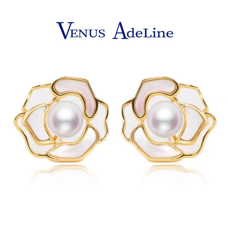 VENUS ADELINE山茶花耳环女银针淡水珍珠耳饰贝母耳钉送女友老婆妈妈母亲节礼物 金色耳环一对生日实用礼盒