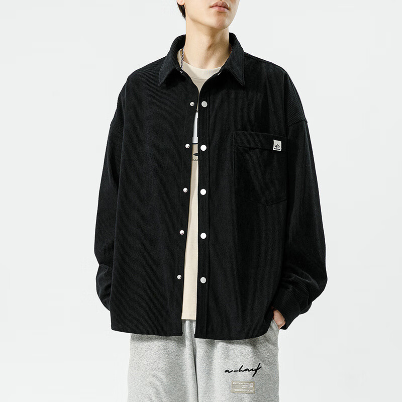 钦环灯芯绒长袖衬衫男士春秋季宽松工装外套美式痞帅衣服男装 炭黑色