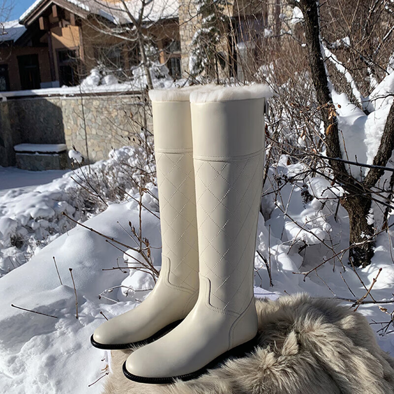 亲在女士平底长筒靴加厚雪地靴加绒皮毛保暖高筒棉靴瘦瘦靴 白色加绒