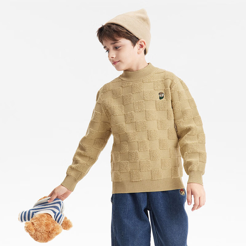 马骑顿MQD童装男大童冬款棋盘格潮酷半高领套头毛衣 卡其 120