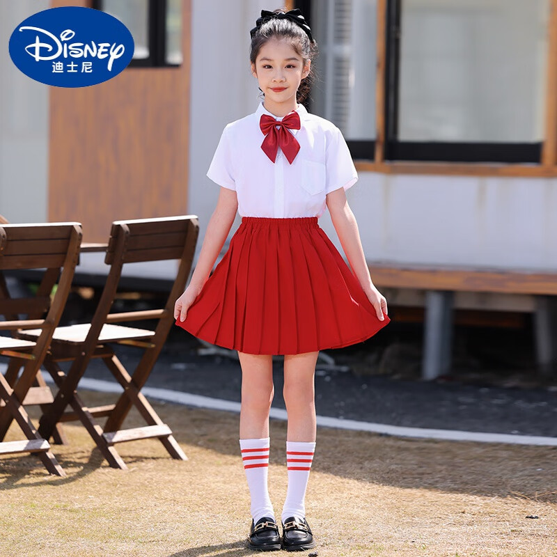 迪士尼國慶兒童小學(xué)生合唱朗誦演出服喜慶洋氣紅裙子大合唱表演服 女白色短袖+紅短裙+紅領(lǐng)結(jié)+襪子 150建議身高140-150cm年齡9-10歲