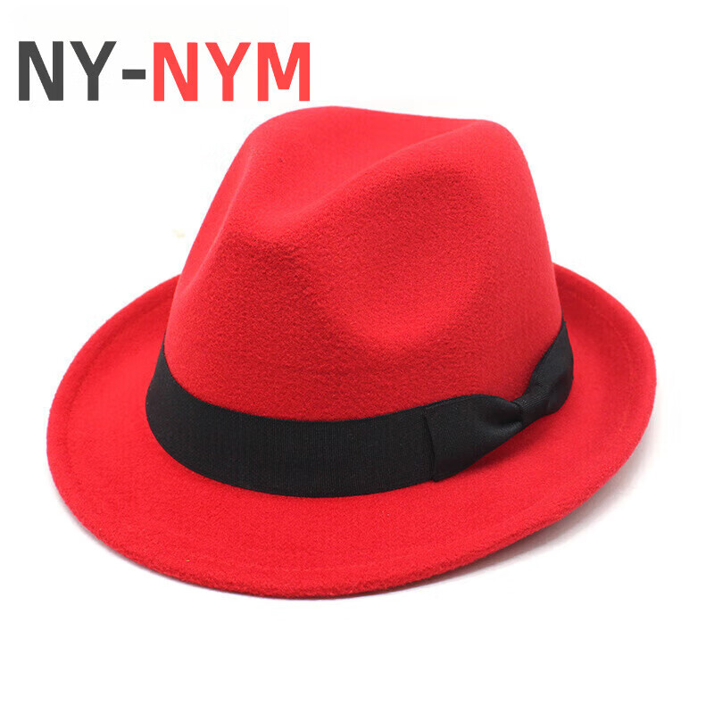 NY-NYM男女款禮帽黑色蝴蝶結(jié)爵士帽毛呢帽子小卷檐帽藏族牛仔禮帽 紅色 M(56-58cm)