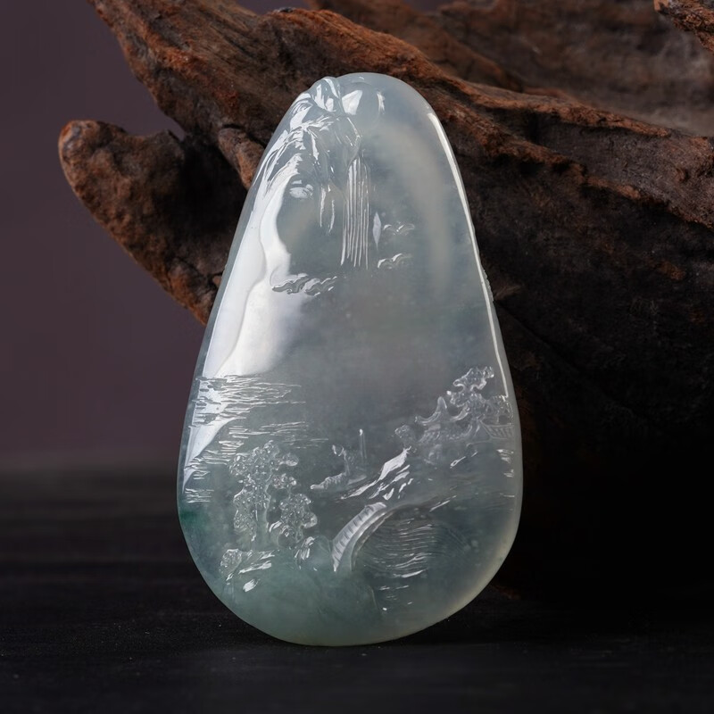 艺品匪萃移舟泊烟渚   高冰木那雪花棉点绿山水意境牌翡翠挂件 91456