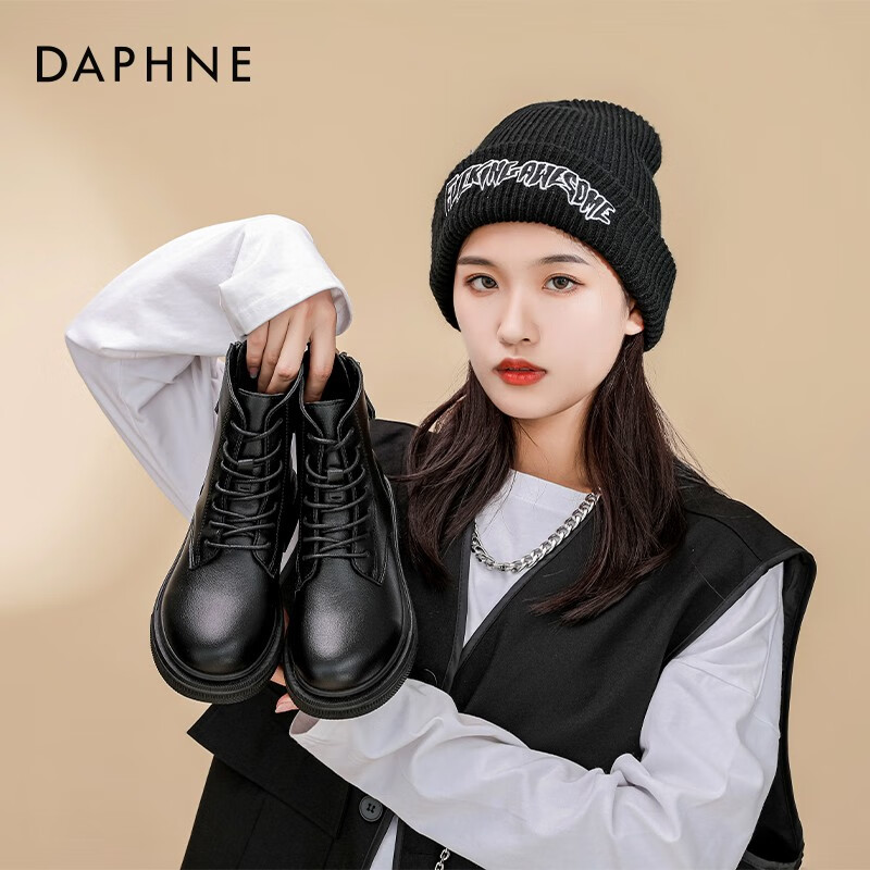 达芙妮（DAPHNE）马丁靴女2022新款中筒短靴切尔西靴烟筒靴子女春秋冬单靴 黑色 37