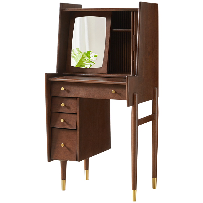 家逸 梳妆台北欧实木梳妆台收纳一体卧室现代简约化妆桌小户型化妆台 胡桃色梳妆柜+梳妆凳