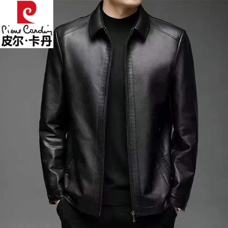 皮尔卡丹海宁头层牛皮真皮皮衣男春秋大码男装皮夹克中年爸爸装宽松