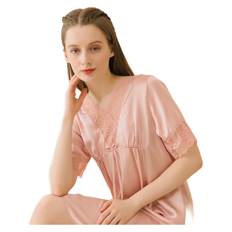 絲界真絲睡裙女100%桑蠶絲法式蕾絲邊純欲少女風(fēng)寬松顯瘦睡衣節(jié)日禮物 粉色 2XL