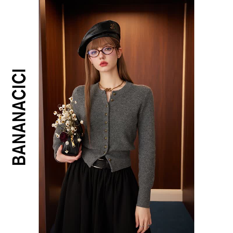 banana cici2024年秋季新款复古老钱风澳羊毛毛衣圆领针织开衫C244MY115 灰色 L
