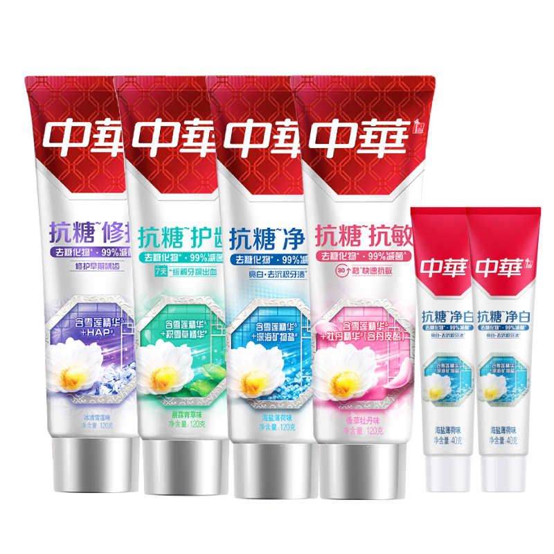 百亿补贴:中华抗糖牙膏混合装560g(120gx4 40gx2)缓解牙龈出血 家庭装