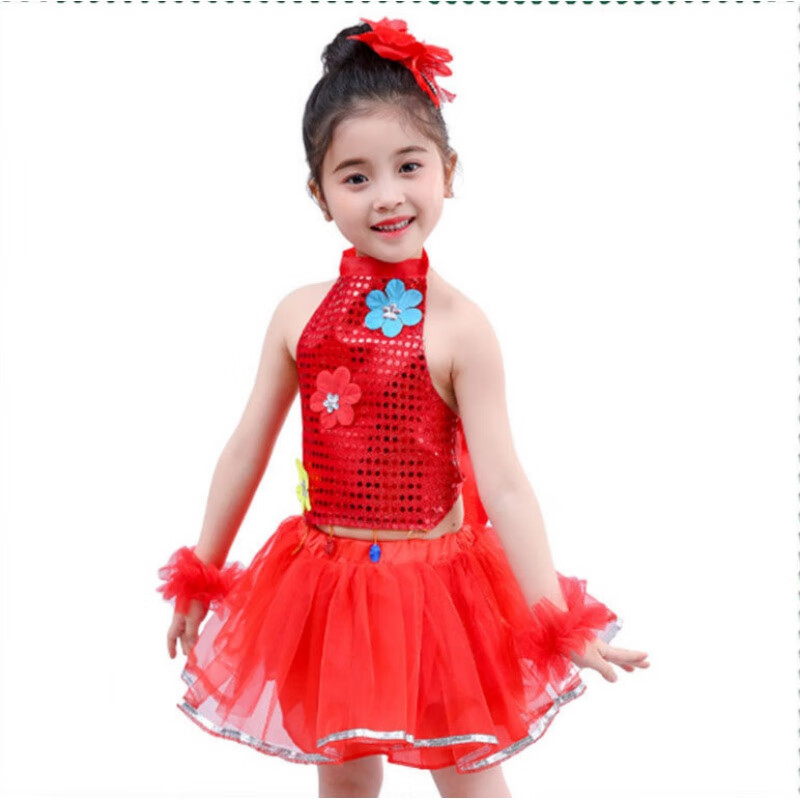 六一儿童节服装女童公主蓬蓬裙纱裙亮片舞蹈幼儿园表演衣服演出服 红色 130