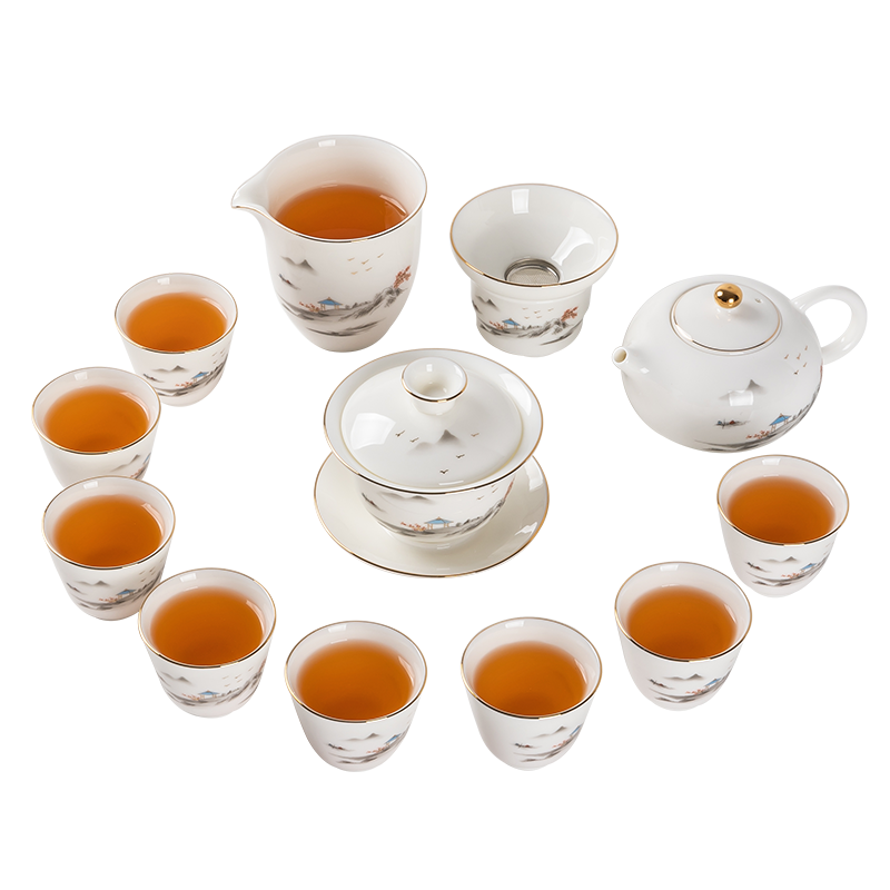 金鑲玉功夫茶具整套裝陶瓷茶壺送人禮品盒高檔羊脂玉白瓷 山水描金13頭