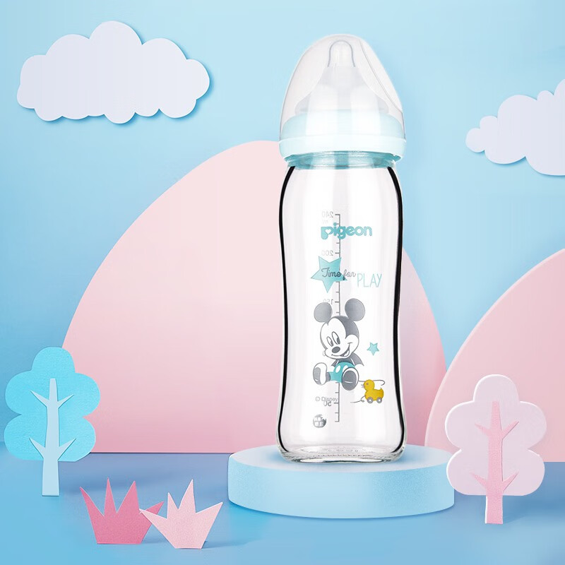 贝亲(Pigeon) 奶瓶 玻璃奶瓶 新生儿 宽口径 迪士尼 disney 240ml（米奇宝宝小鸭）AA153 M码 自然实感