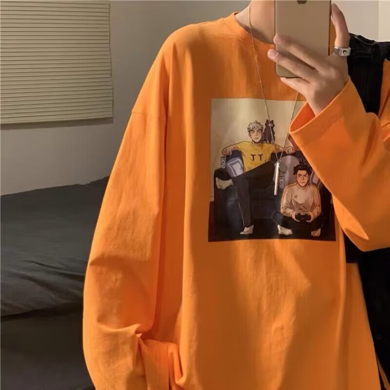 wassup uosne 长袖t恤男港风宽松印花圆领体恤衫春季