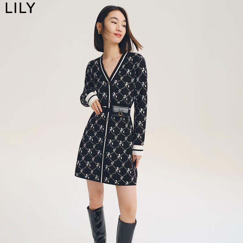 【LILY小鹿斑比系列】LILY2022秋新款女装气质针织款连衣裙 510黑 L