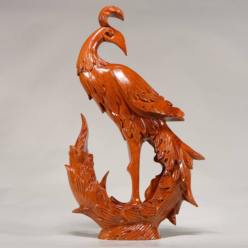 柒阅芒实木雕刻凤凰摆件檀木头根雕孔雀神兽家居客厅玄 花梨整木精雕