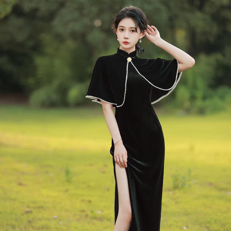 礼服女宴会晚礼服高档旗袍2024春秋新款复古显瘦民国风气质披肩改