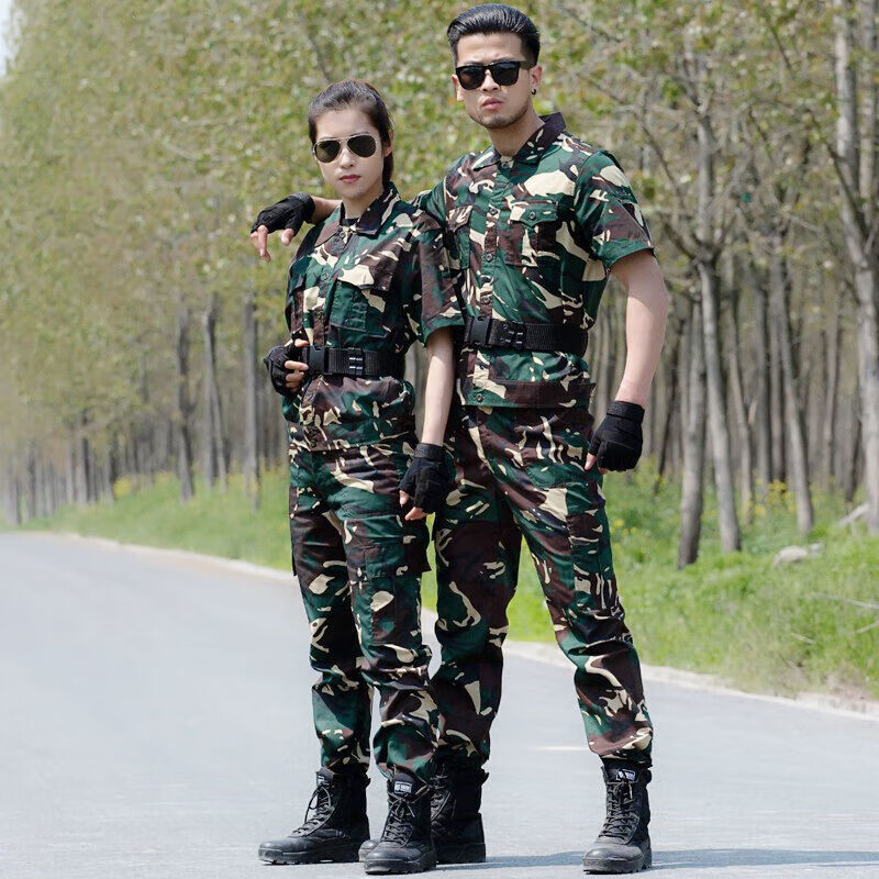 薄款透气耐磨军迷特训服作训服女表演工作服夏季 短袖猎人迷彩套装