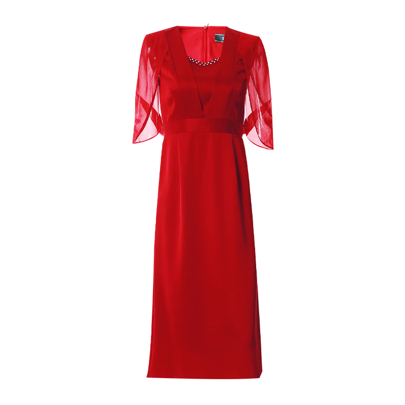 愛特愛（EITIE）新年紅品披肩雪紡優(yōu)雅紅色禮服連衣裙收腰氣質(zhì)精致春新款6977613 紅蔓61 XL 170