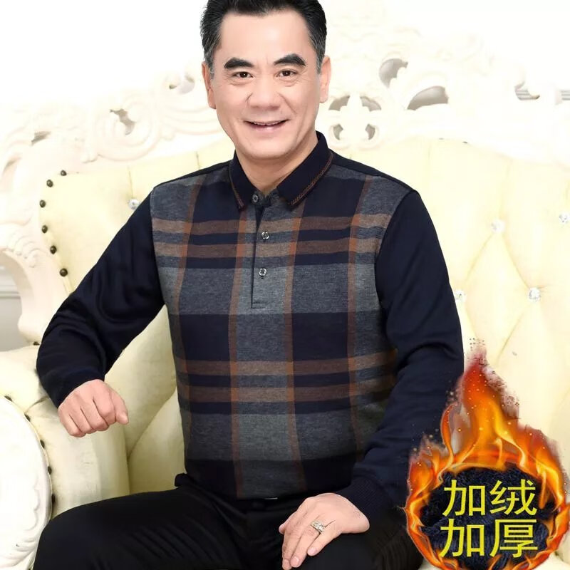 凡摩乔爸爸装假两件男加绒翻领套头中年人针织中老年保暖加厚外套 513