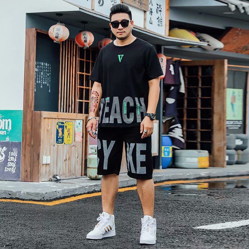 两件装/夏季大码休闲运动套装男士短袖t恤胖子五分短裤男加肥加大【佳